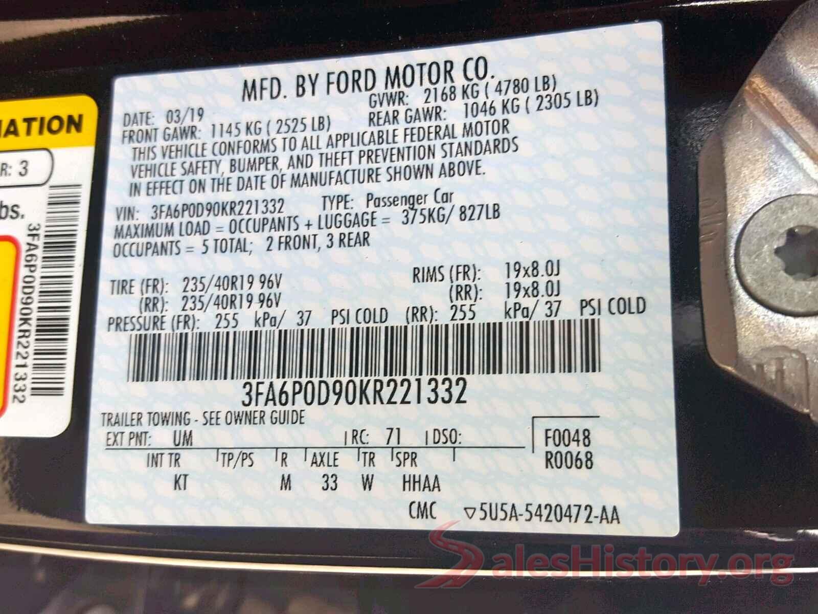 3FA6P0D90KR221332 2019 FORD FUSION