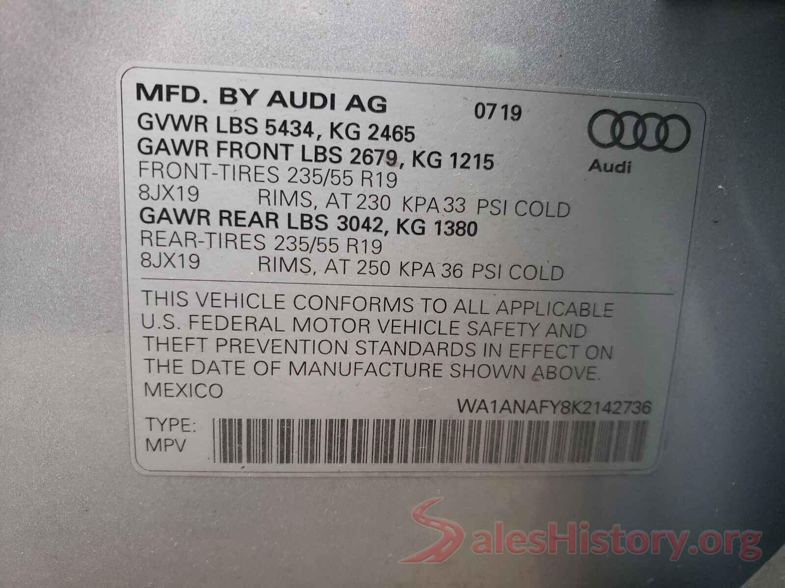 WA1ANAFY8K2142736 2019 AUDI Q5