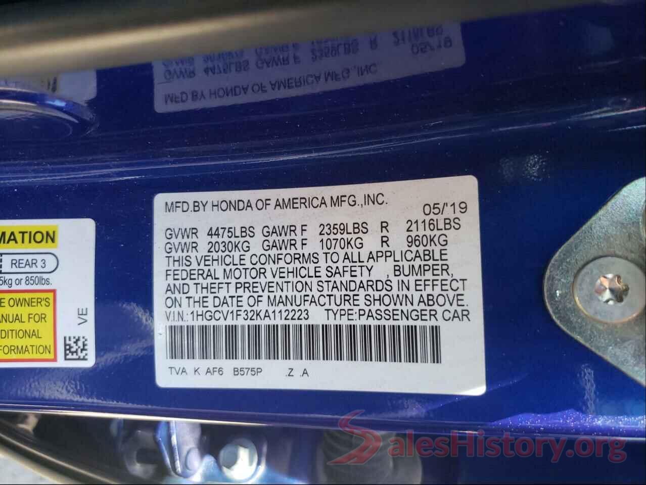 1HGCV1F32KA112223 2019 HONDA ACCORD