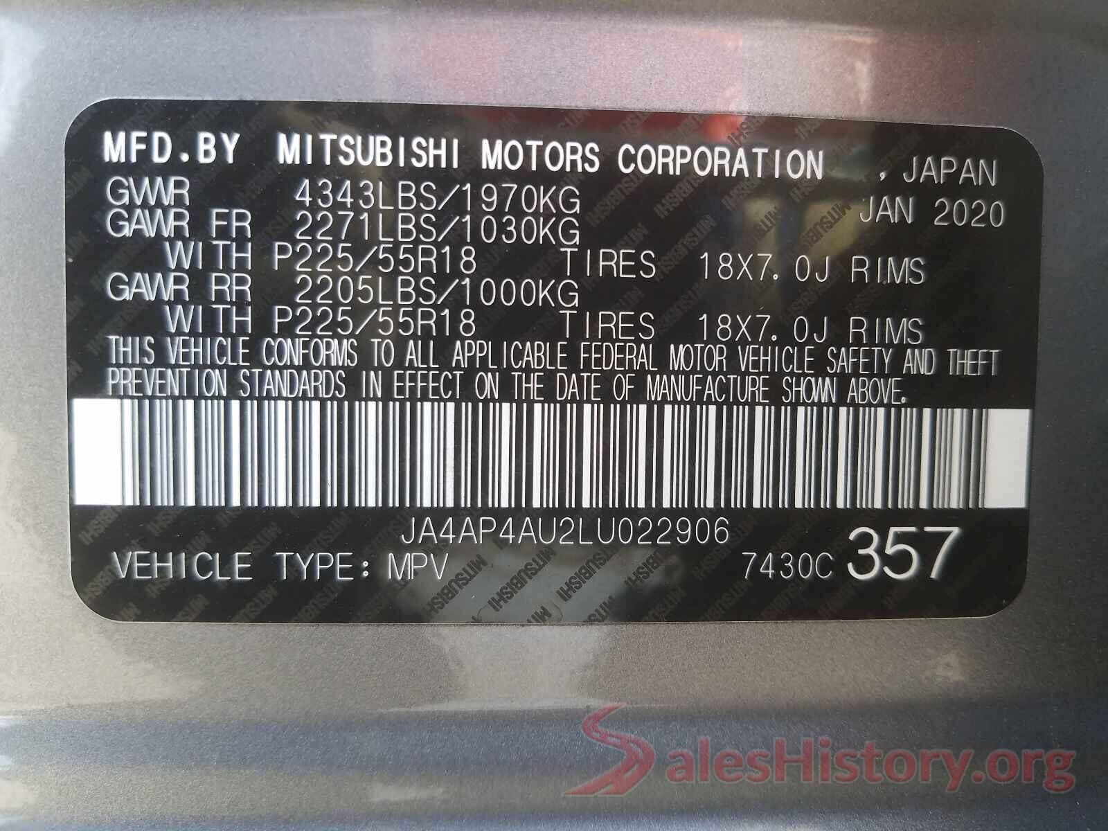 JA4AP4AU2LU022906 2020 MITSUBISHI OUTLANDER