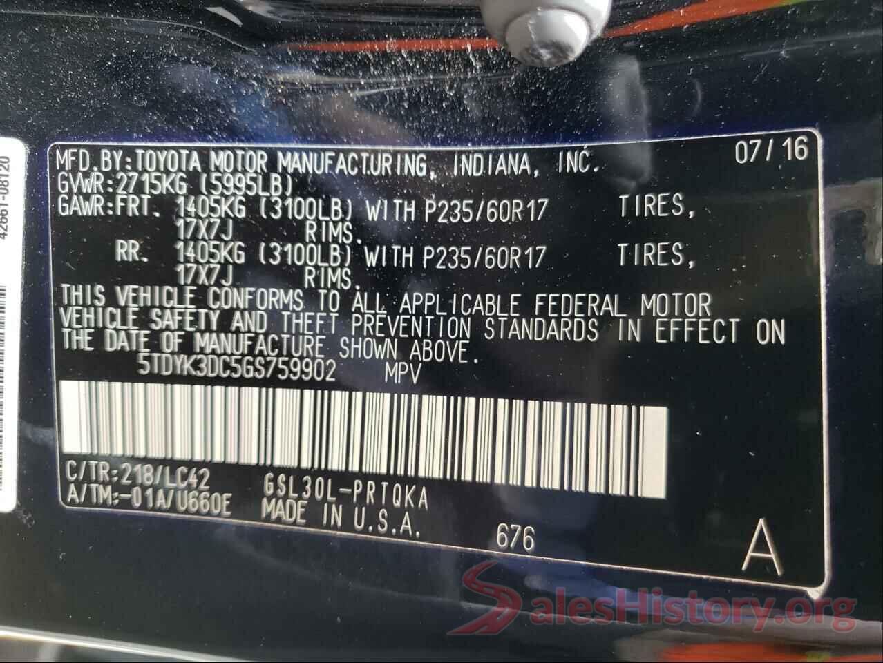 5TDYK3DC5GS759902 2016 TOYOTA SIENNA