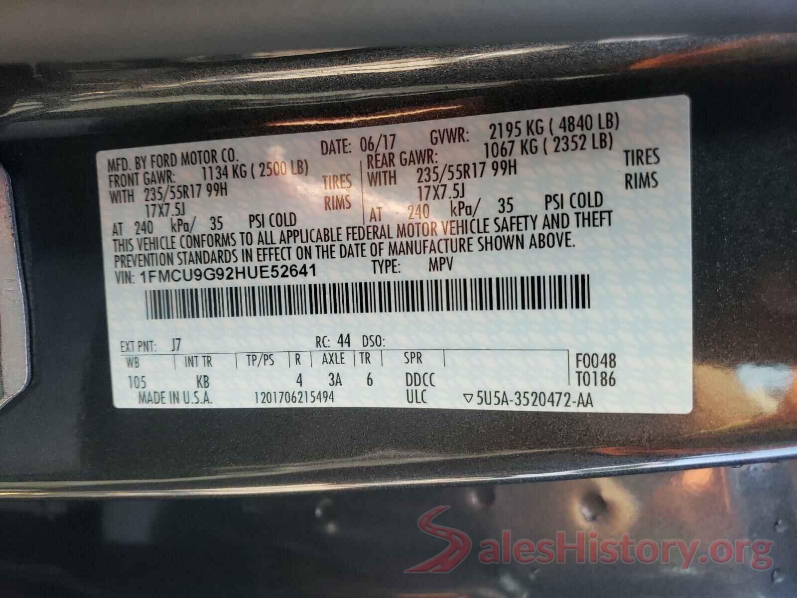 1FMCU9G92HUE52641 2017 FORD ESCAPE