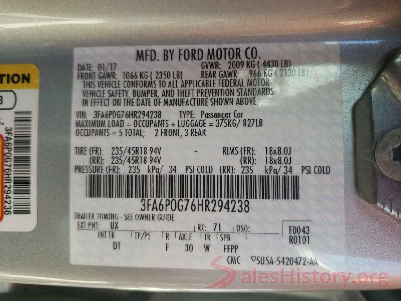 3FA6P0G76HR294238 2017 FORD FUSION