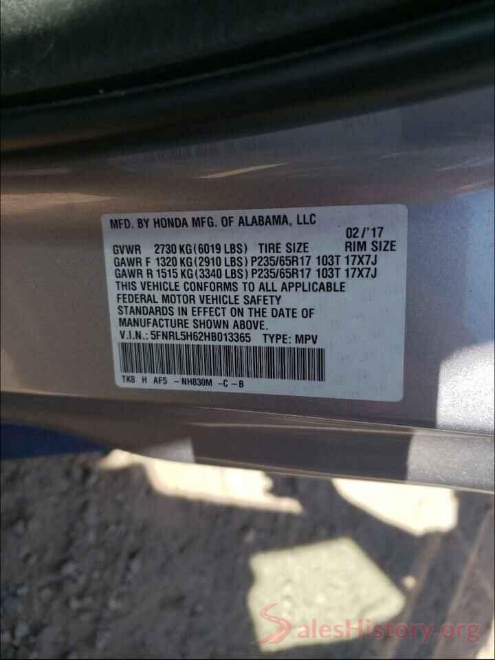 5FNRL5H62HB013365 2017 HONDA ODYSSEY