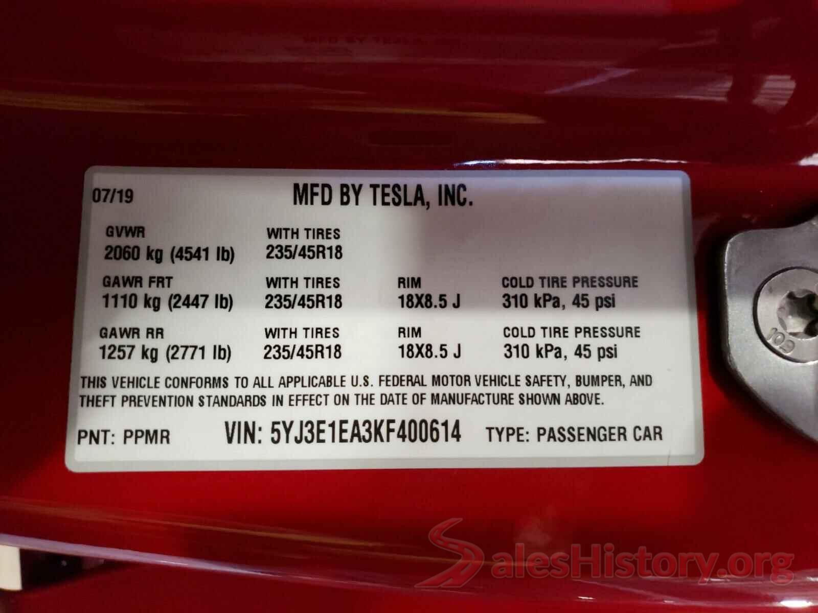 5YJ3E1EA3KF400614 2019 TESLA MODEL 3