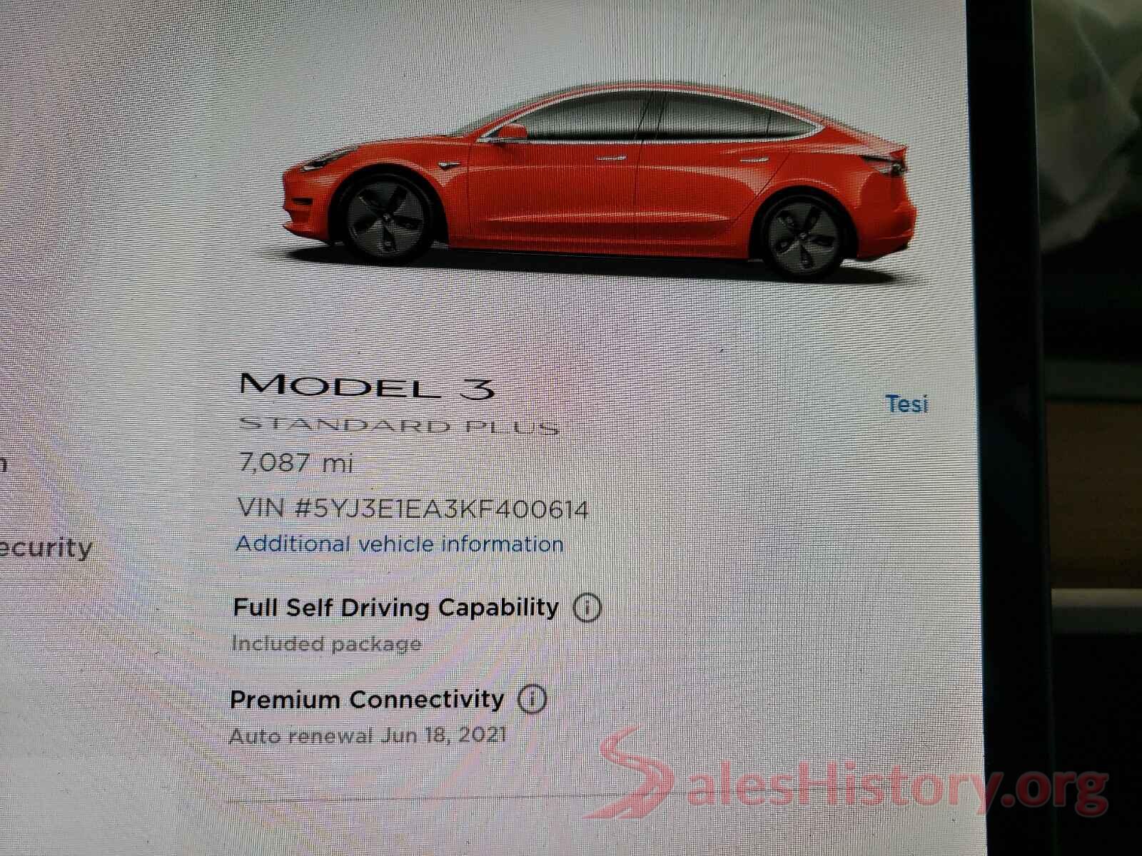 5YJ3E1EA3KF400614 2019 TESLA MODEL 3