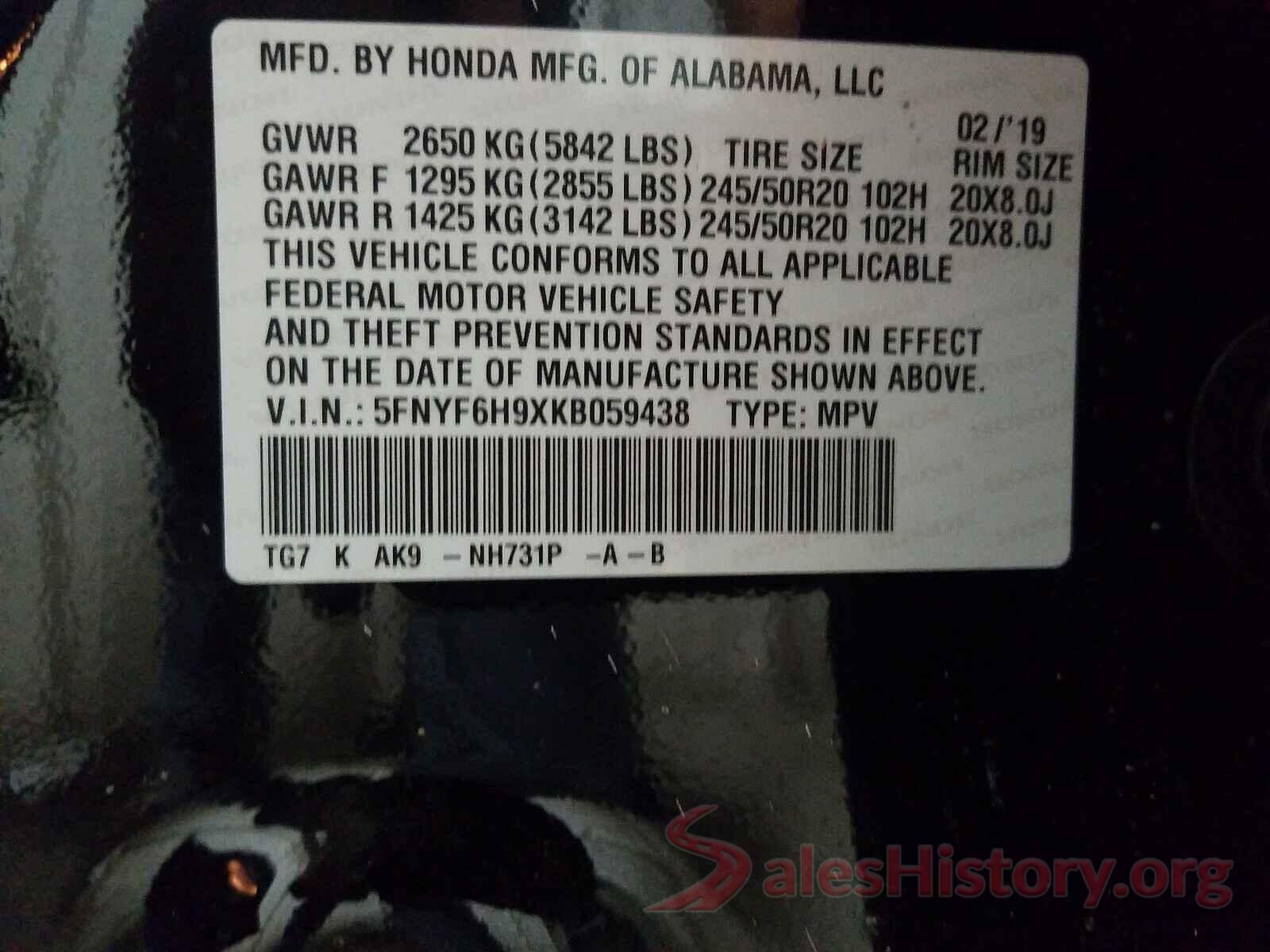 5FNYF6H9XKB059438 2019 HONDA PILOT