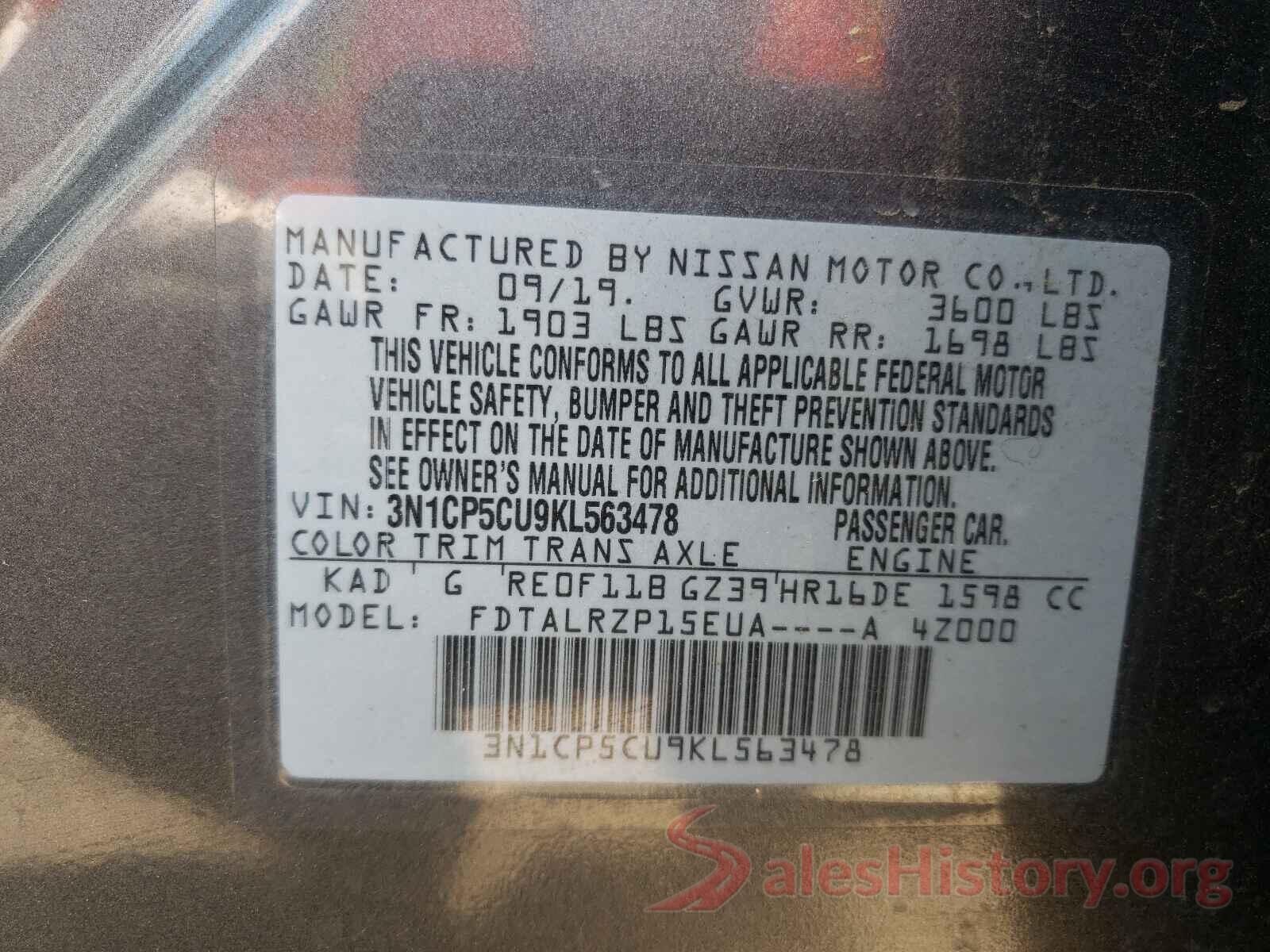 3N1CP5CU9KL563478 2019 NISSAN KICKS