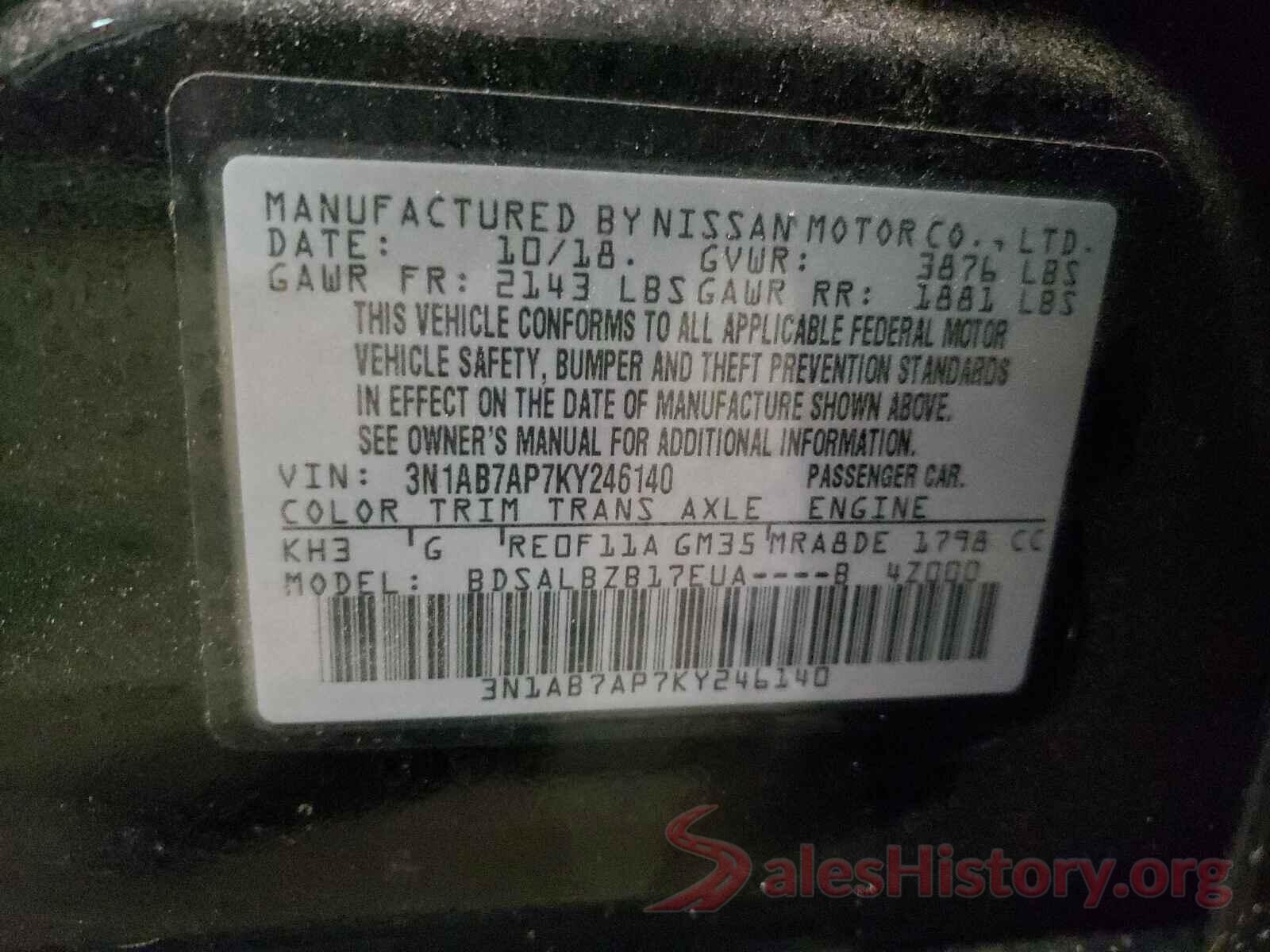 3N1AB7AP7KY246140 2019 NISSAN SENTRA