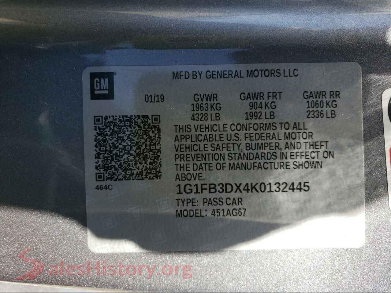 2019 CHEVROLET CAMARO VIN 1G1FB3DX4K0132445, odometer mileage