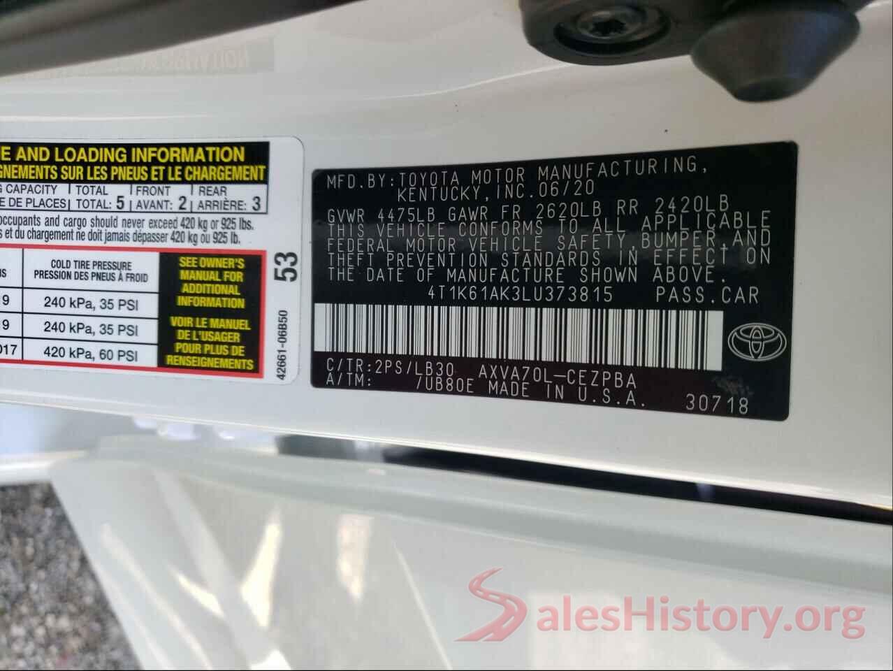 4T1K61AK3LU373815 2020 TOYOTA CAMRY