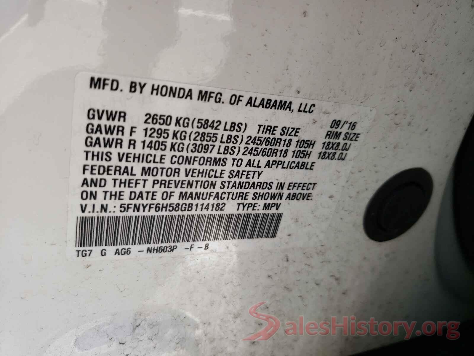 5FNYF6H58GB114182 2016 HONDA PILOT