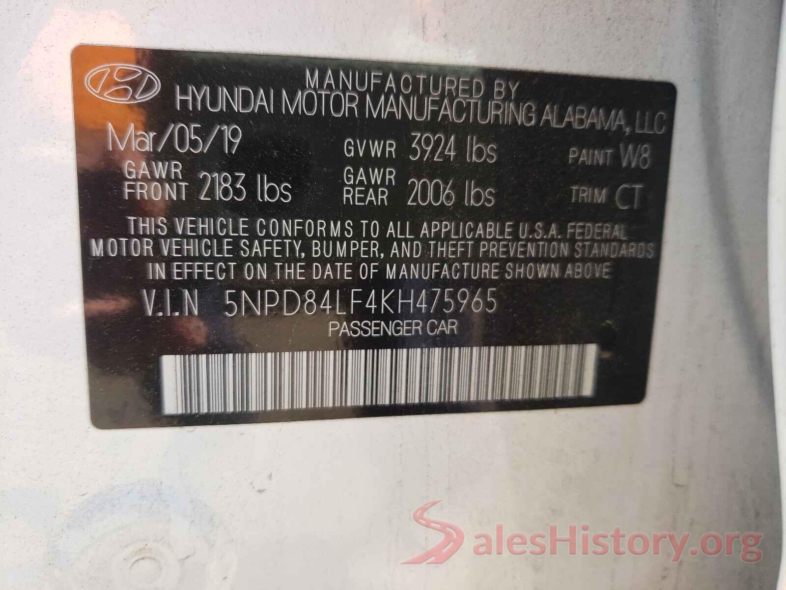 5NPD84LF4KH475965 2019 HYUNDAI ELANTRA