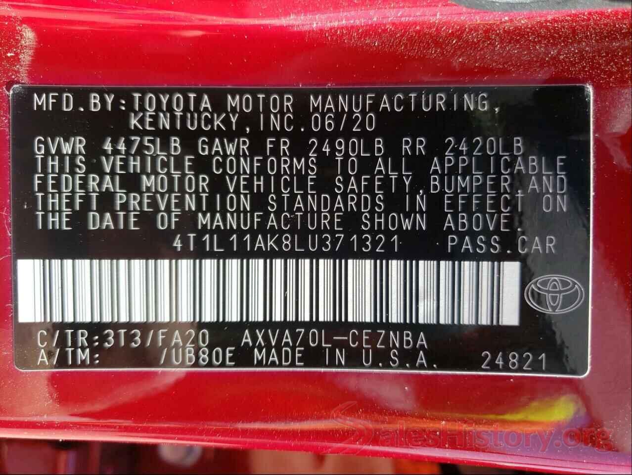 4T1L11AK8LU371321 2020 TOYOTA CAMRY