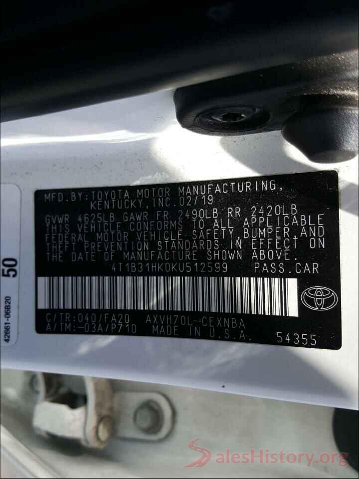 4T1B31HK0KU512599 2019 TOYOTA CAMRY