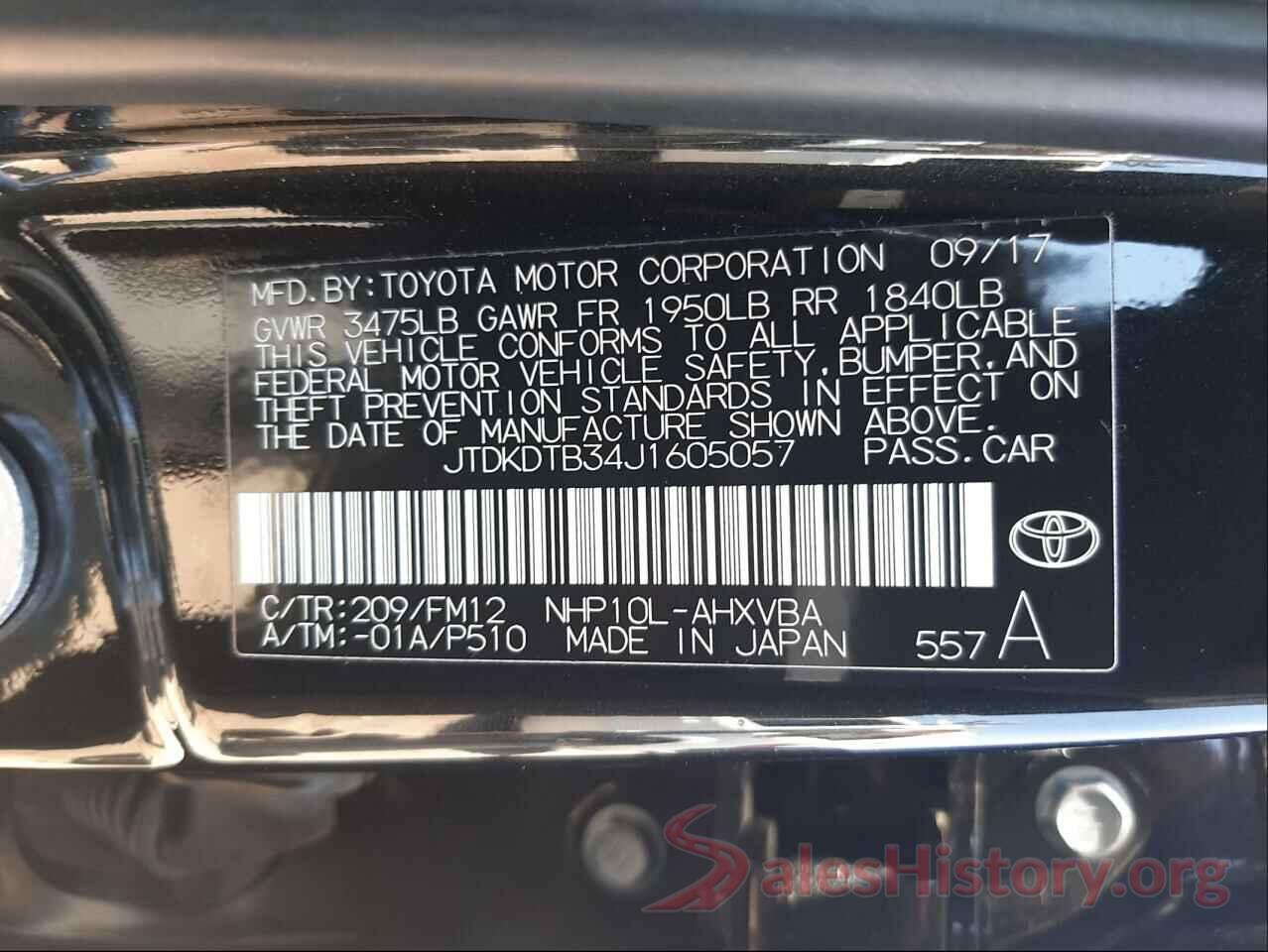 JTDKDTB34J1605057 2018 TOYOTA PRIUS