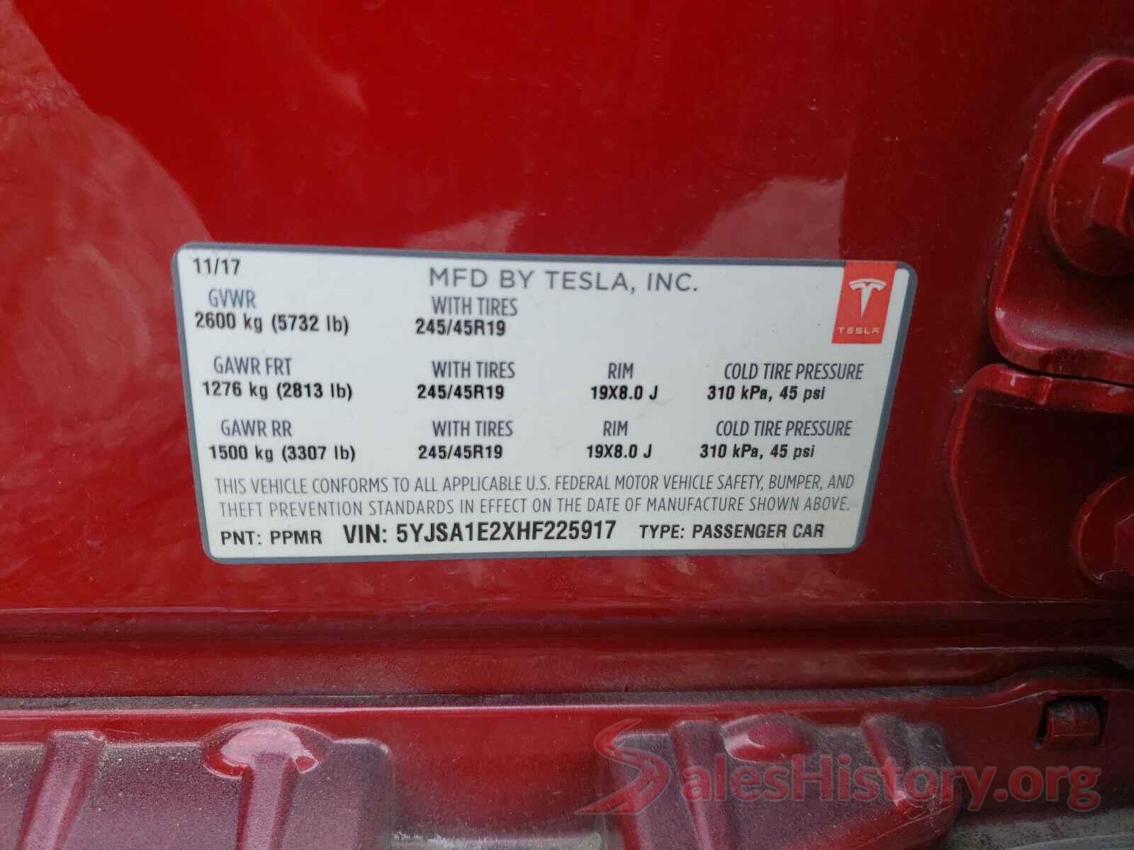 5YJSA1E2XHF225917 2017 TESLA MODEL S