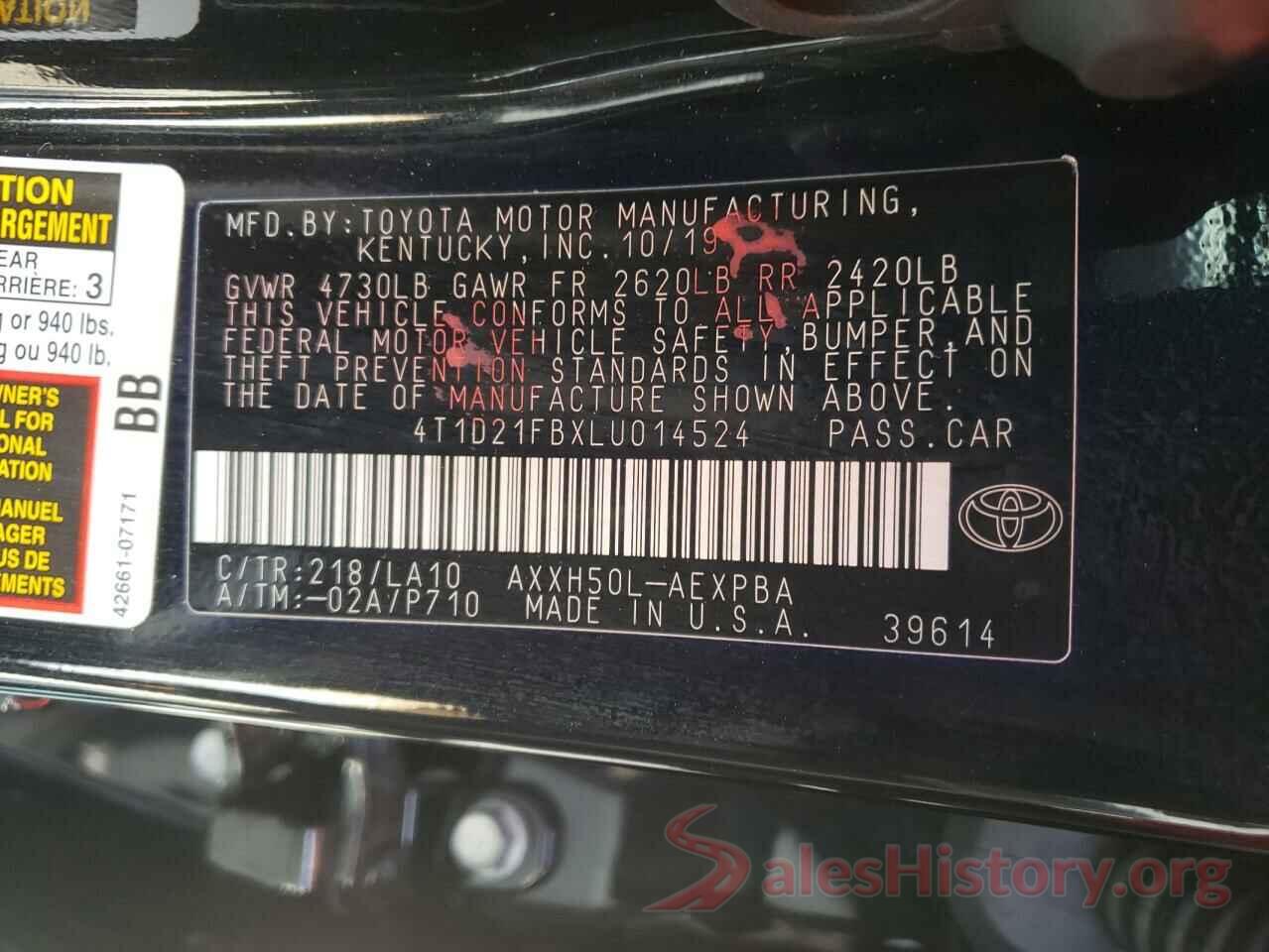 4T1D21FBXLU014524 2020 TOYOTA AVALON