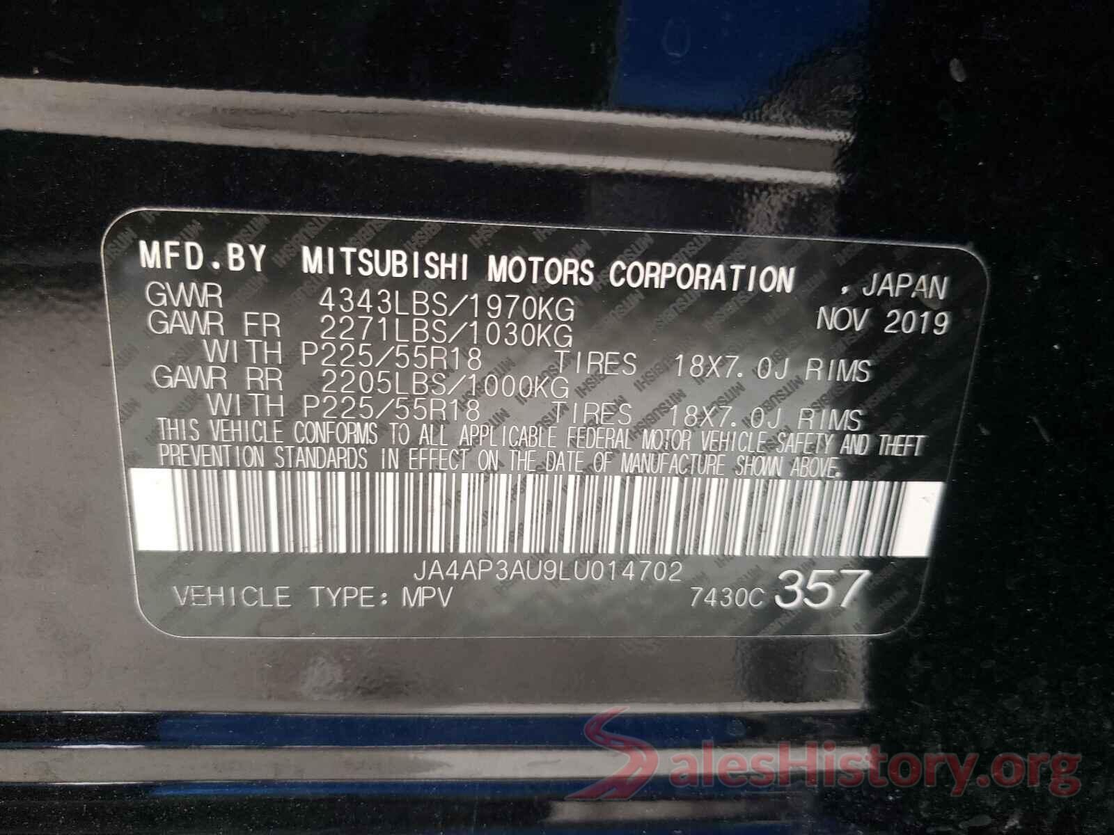 JA4AP3AU9LU014702 2020 MITSUBISHI OUTLANDER