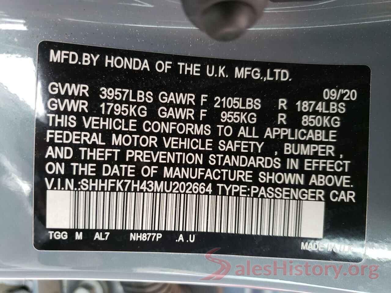 SHHFK7H43MU202664 2021 HONDA CIVIC