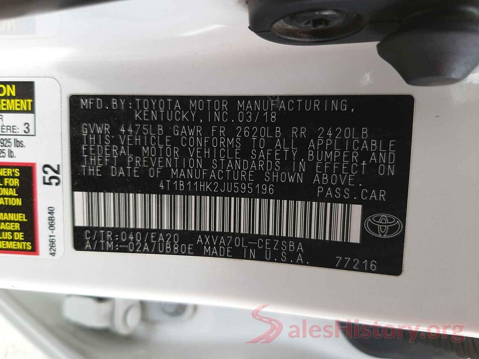 4T1B11HK2JU595196 2018 TOYOTA CAMRY