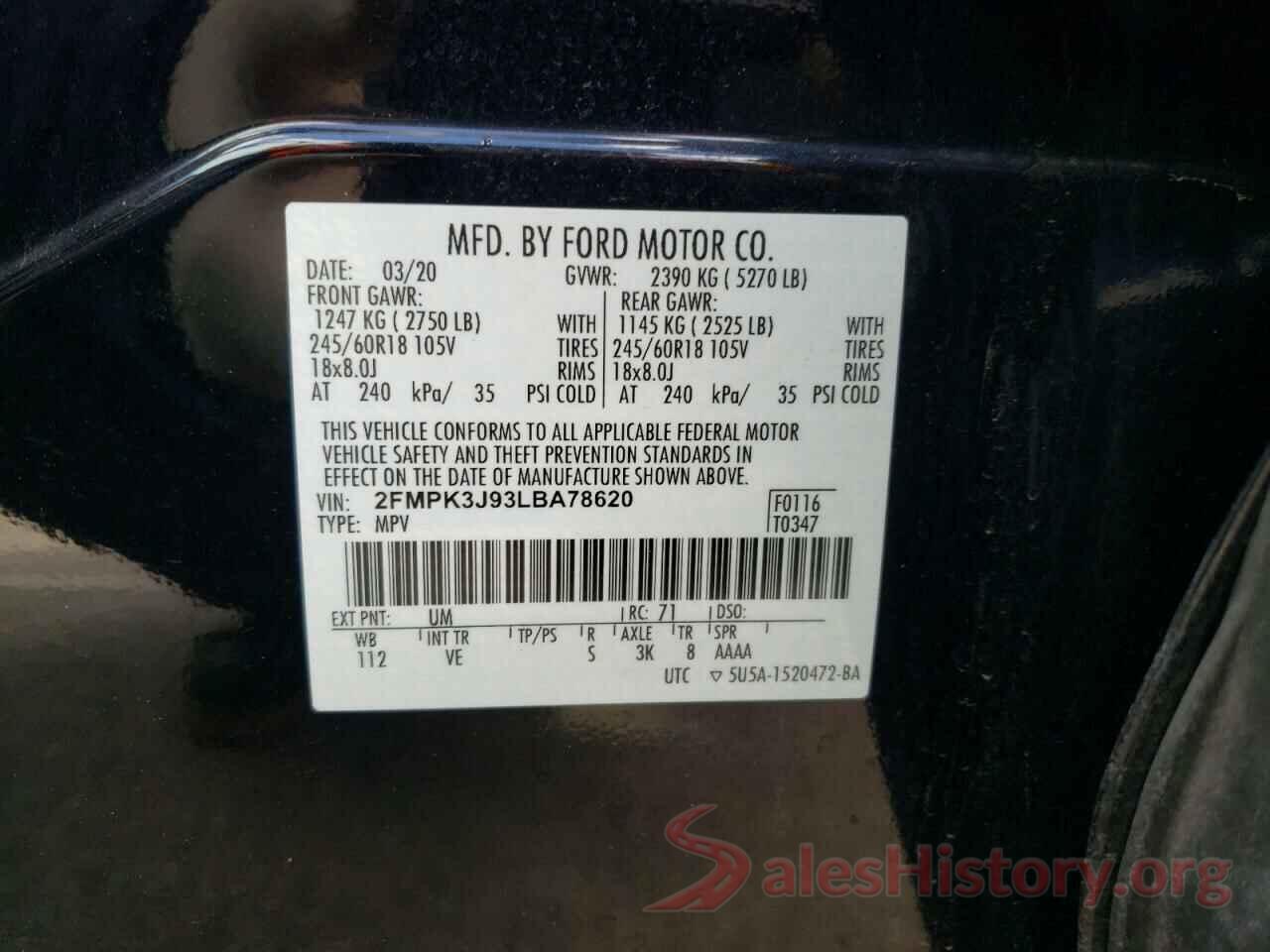 2FMPK3J93LBA78620 2020 FORD EDGE