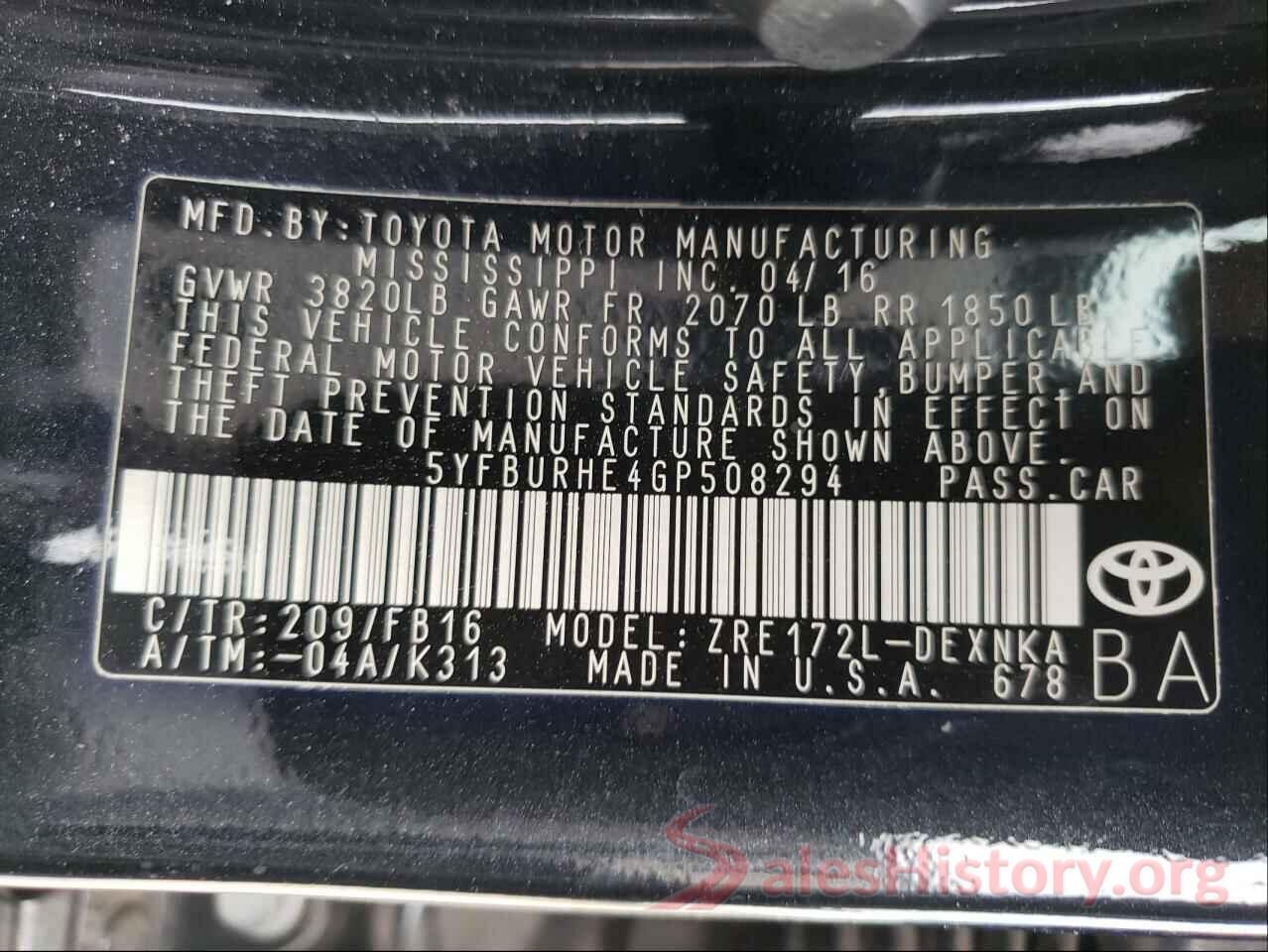 5YFBURHE4GP508294 2016 TOYOTA COROLLA