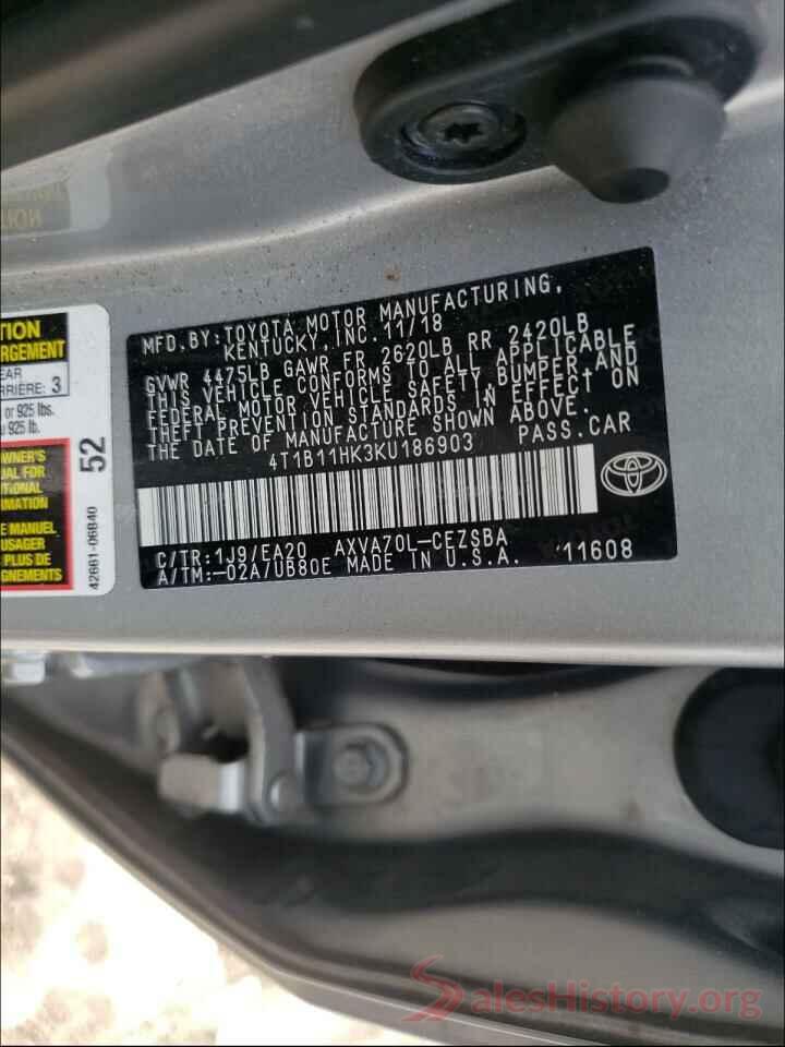 4T1B11HK3KU186903 2019 TOYOTA CAMRY