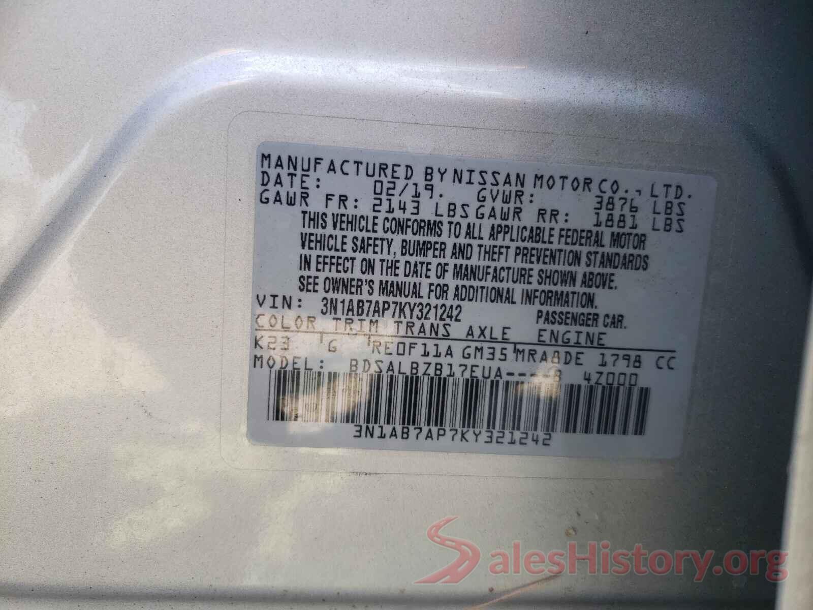 3N1AB7AP7KY321242 2019 NISSAN SENTRA