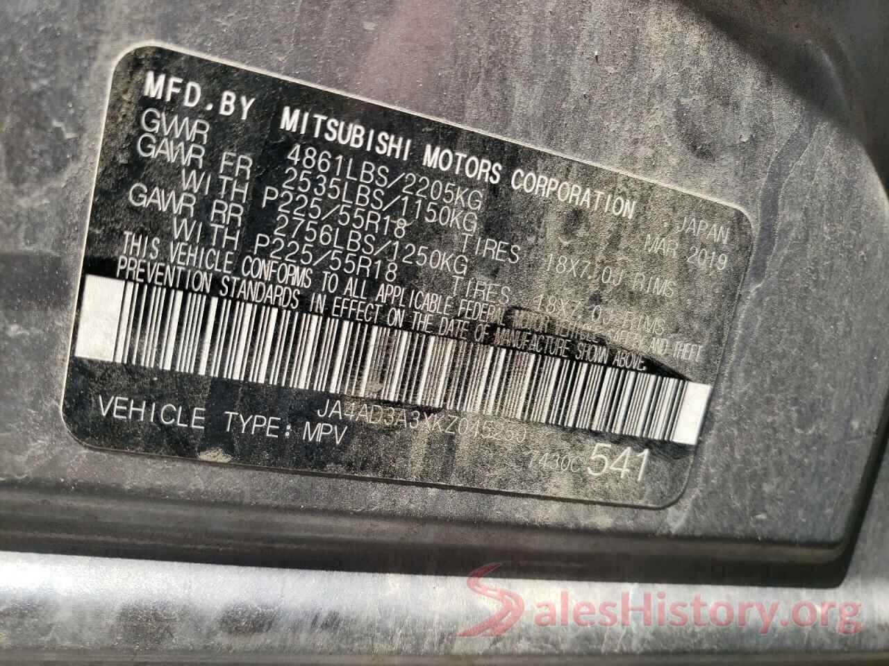 JA4AD3A3XKZ045250 2019 MITSUBISHI OUTLANDER