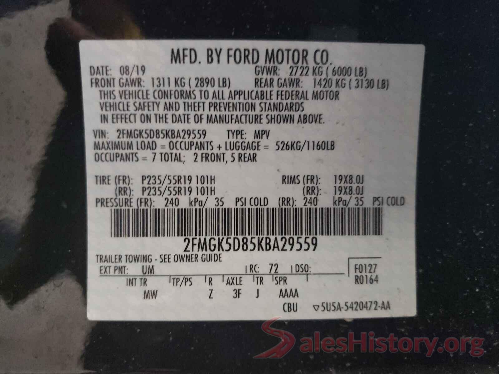 2FMGK5D85KBA29559 2019 FORD FLEX