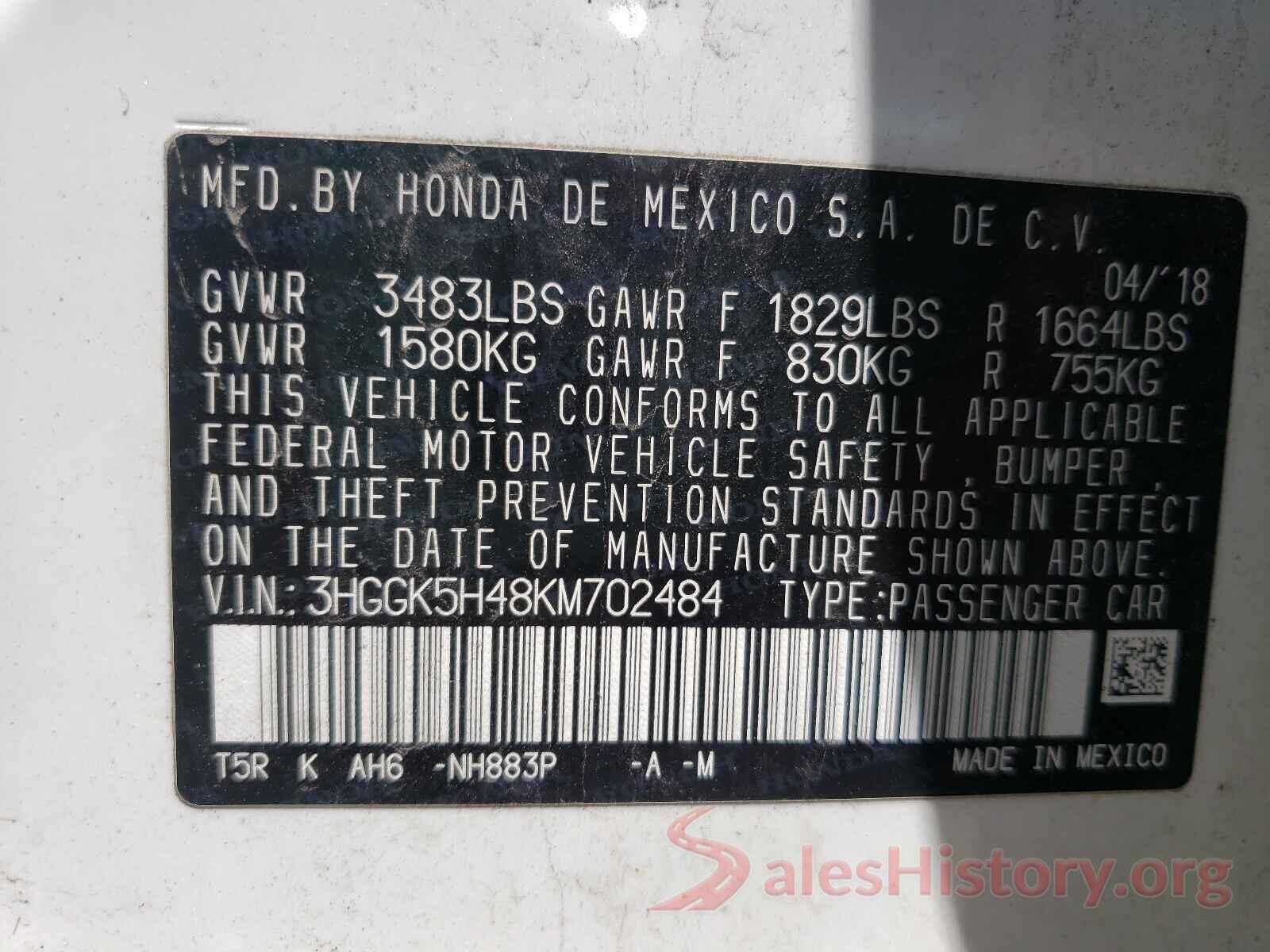 3HGGK5H48KM702484 2019 HONDA FIT