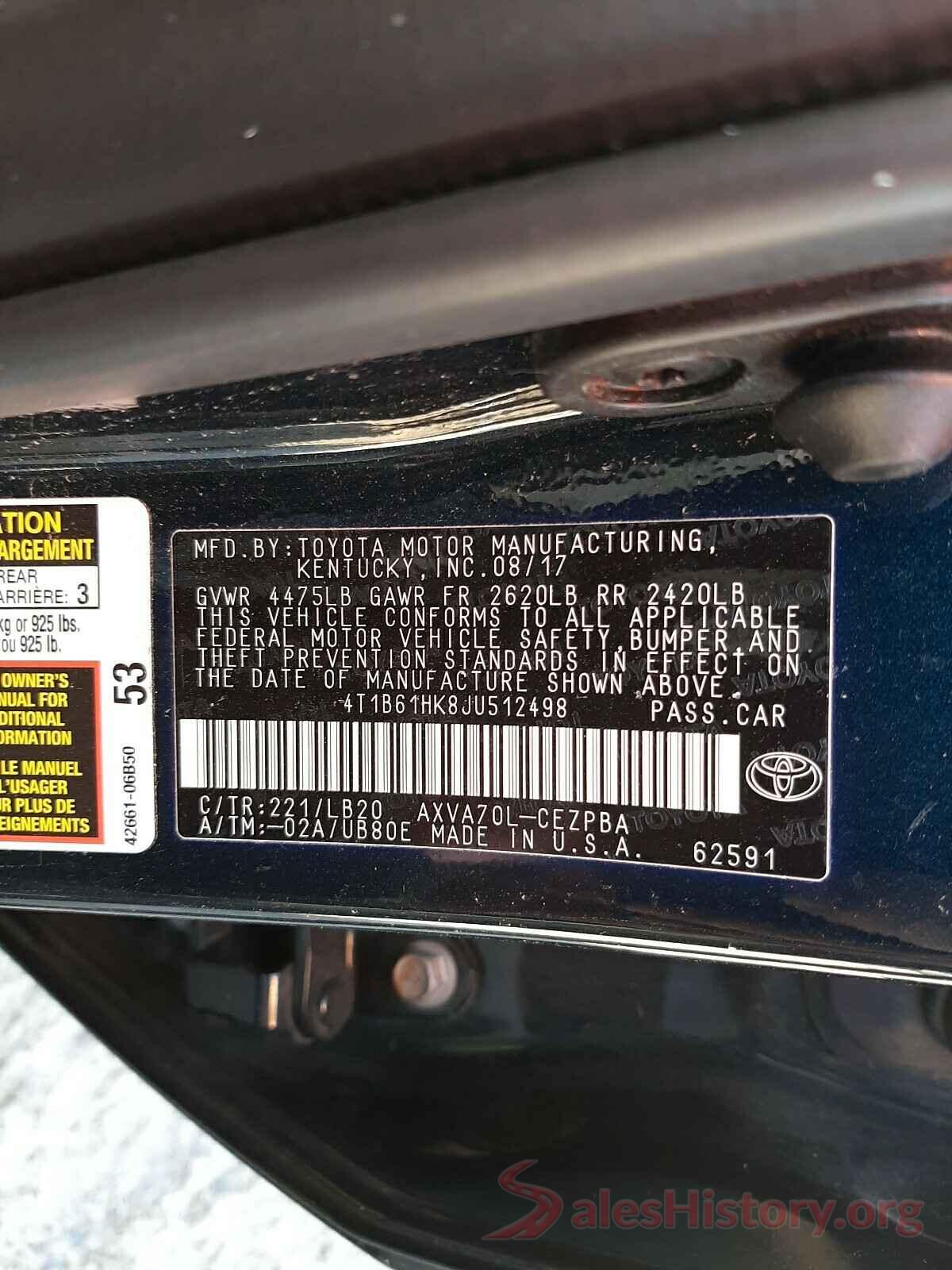 4T1B61HK8JU512498 2018 TOYOTA CAMRY