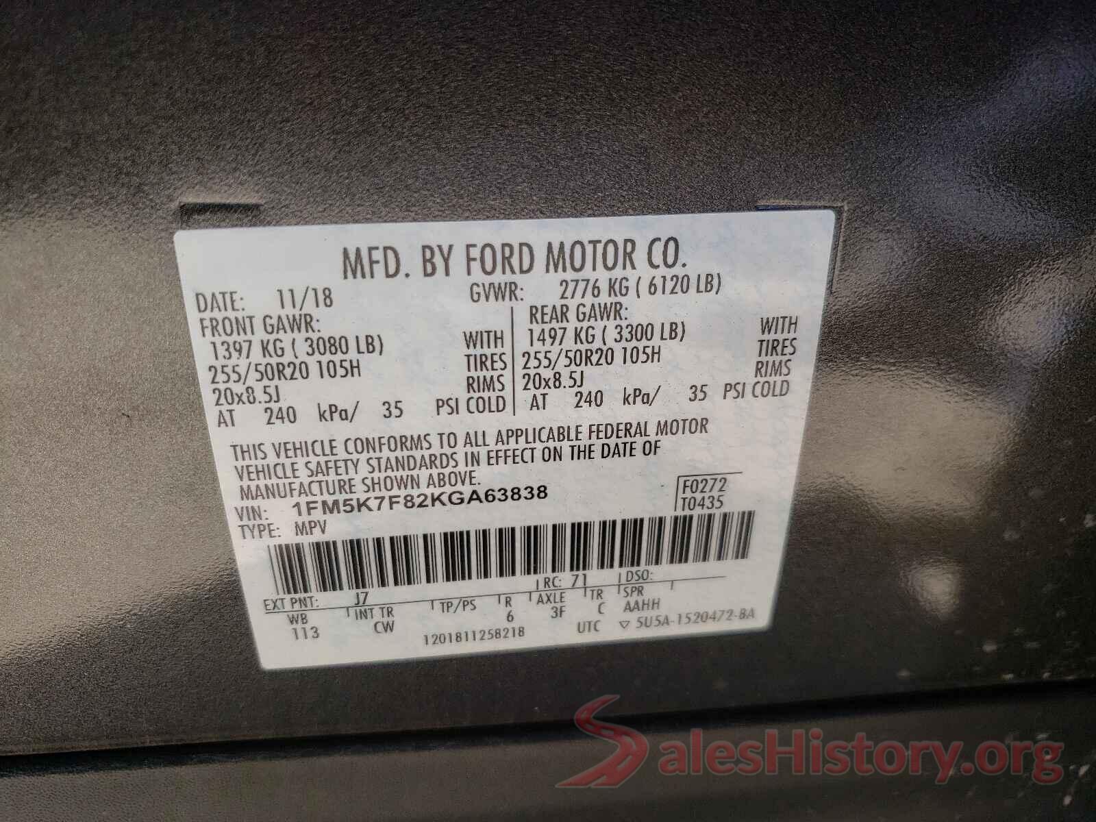 1FM5K7F82KGA63838 2019 FORD EXPLORER