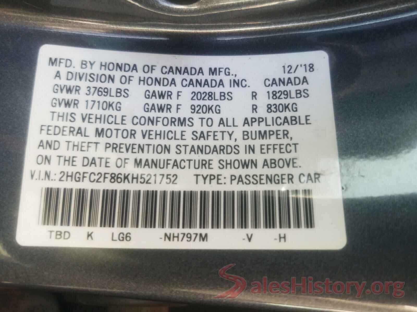 2HGFC2F86KH521752 2019 HONDA CIVIC