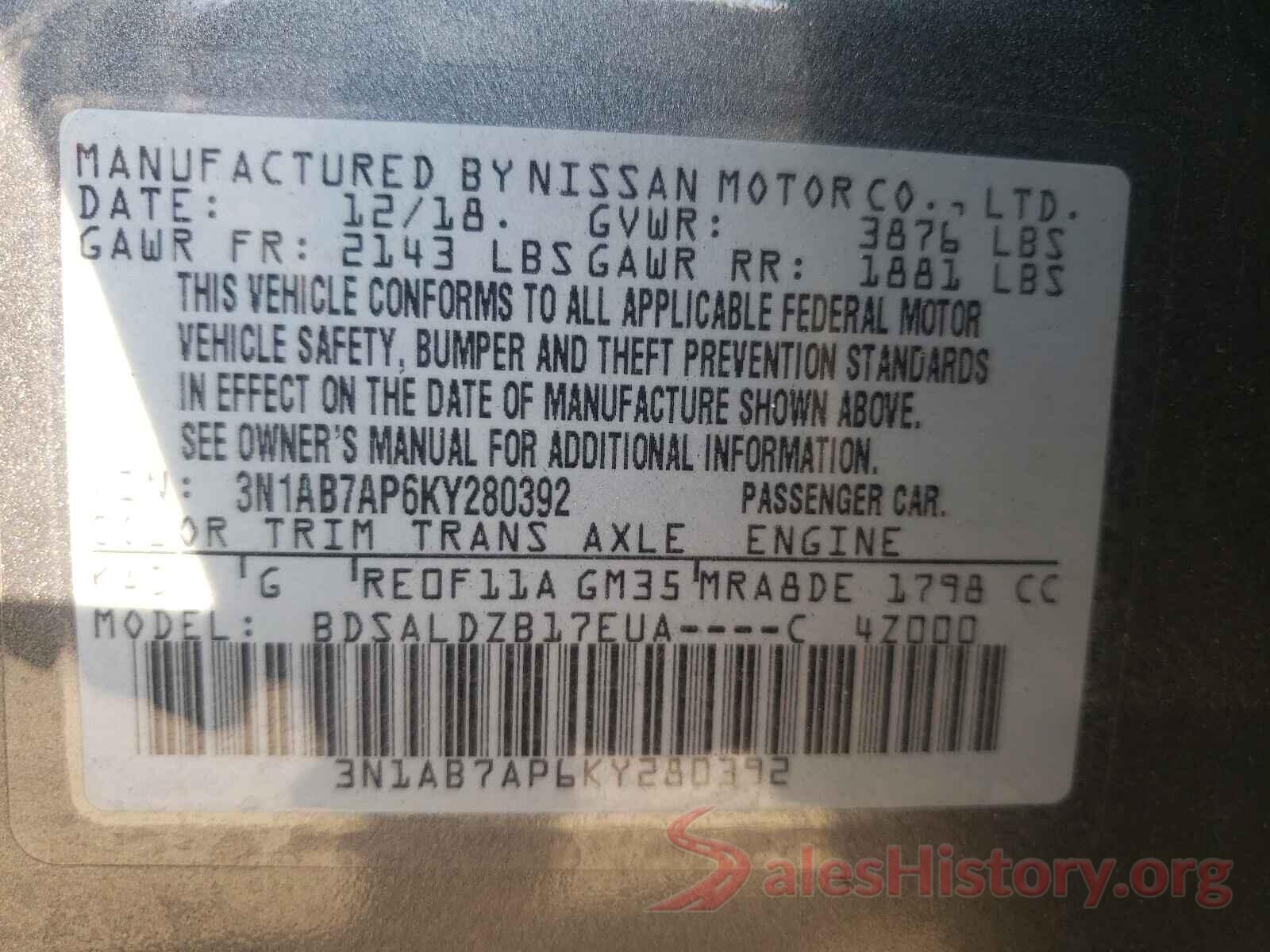 3N1AB7AP6KY280392 2019 NISSAN SENTRA