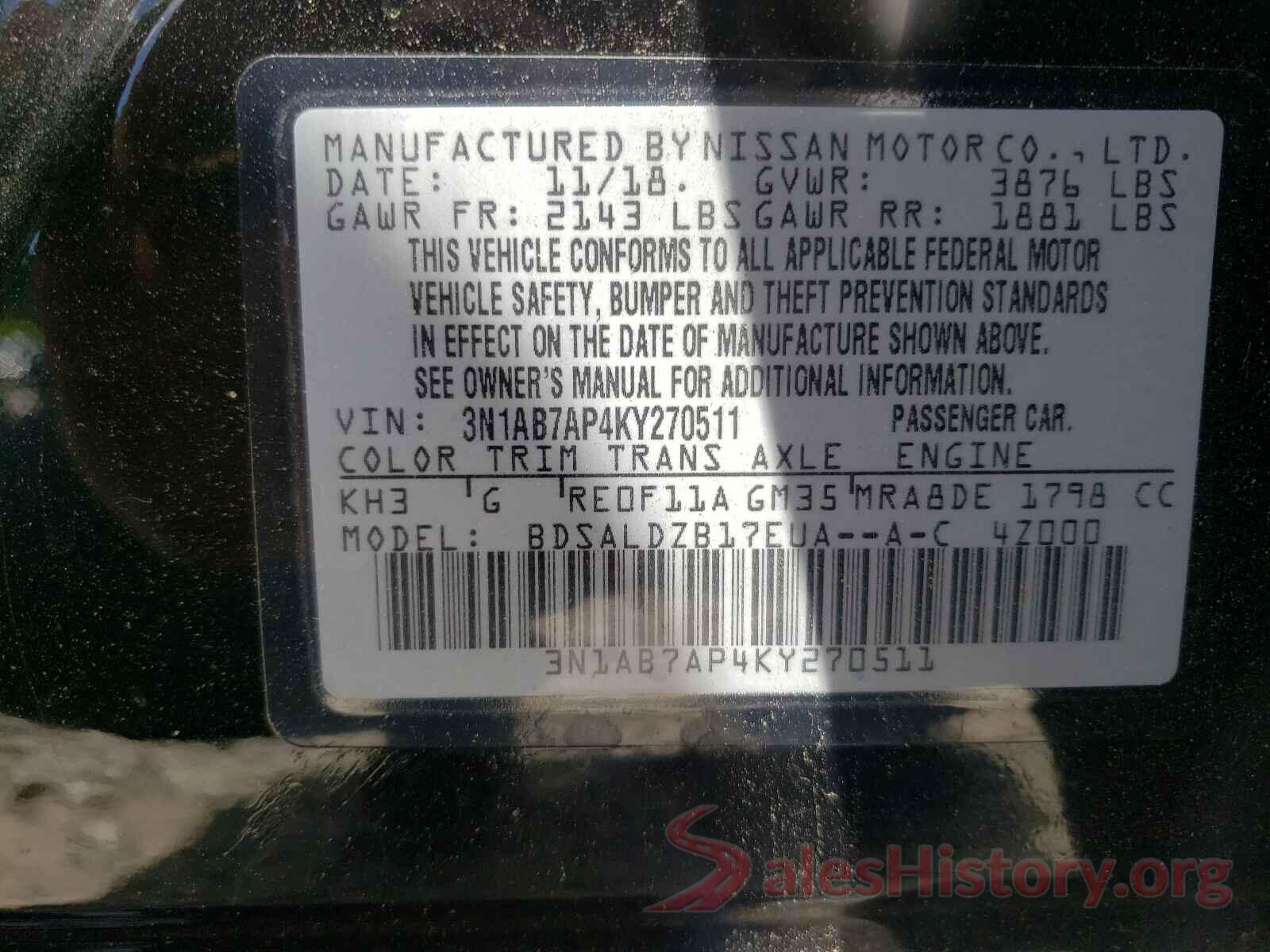 3N1AB7AP4KY270511 2019 NISSAN SENTRA