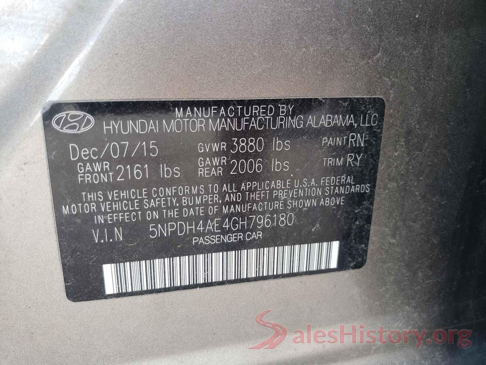 5NPDH4AE4GH796180 2016 HYUNDAI ELANTRA