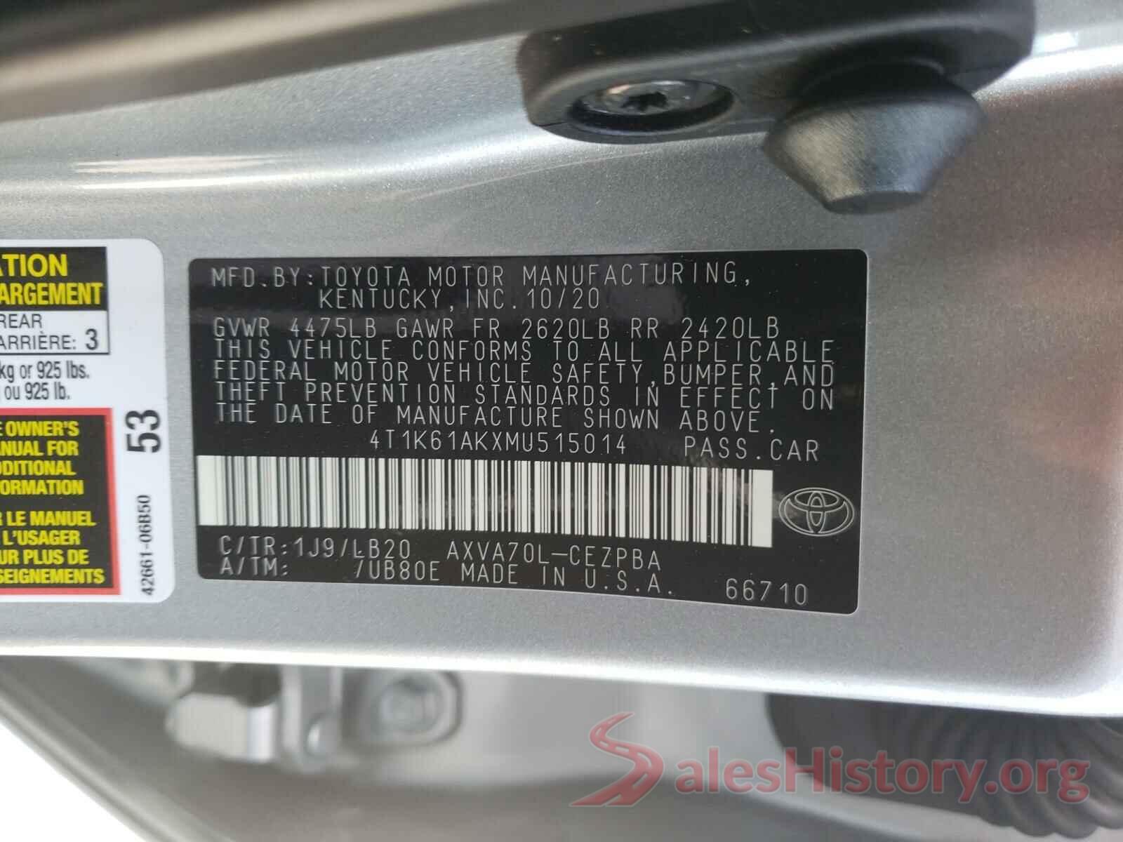 4T1K61AKXMU515014 2021 TOYOTA CAMRY