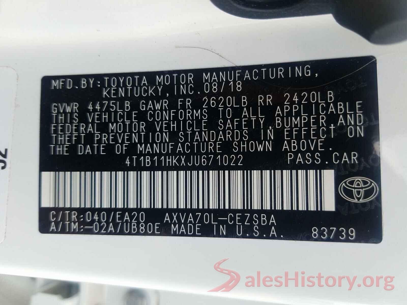 4T1B11HKXJU671022 2018 TOYOTA CAMRY