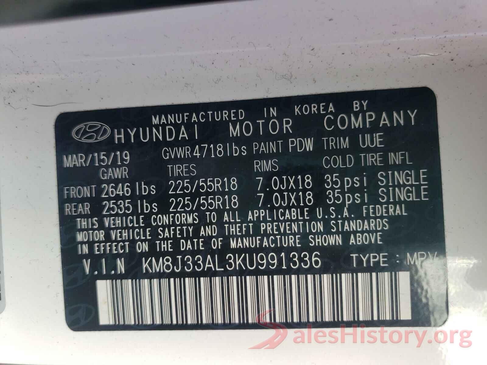 KM8J33AL3KU991336 2019 HYUNDAI TUCSON