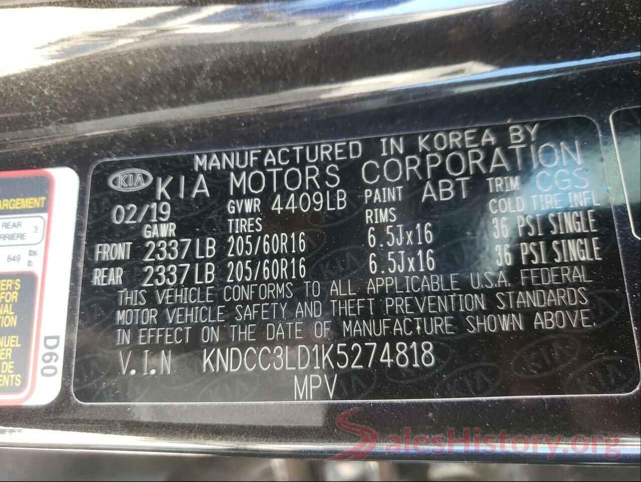 KNDCC3LD1K5274818 2019 KIA NIRO