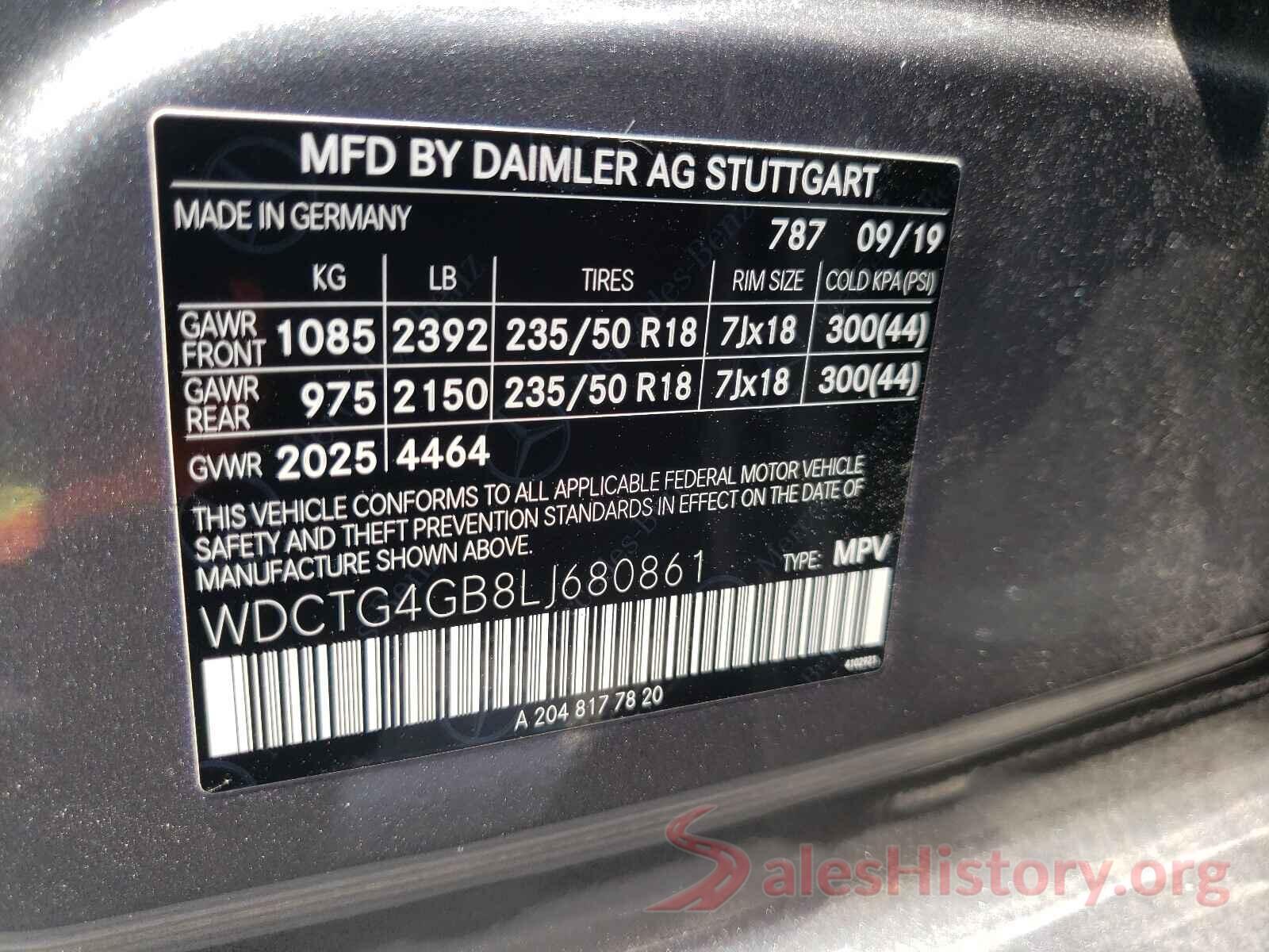 WDCTG4GB8LJ680861 2020 MERCEDES-BENZ GLA-CLASS