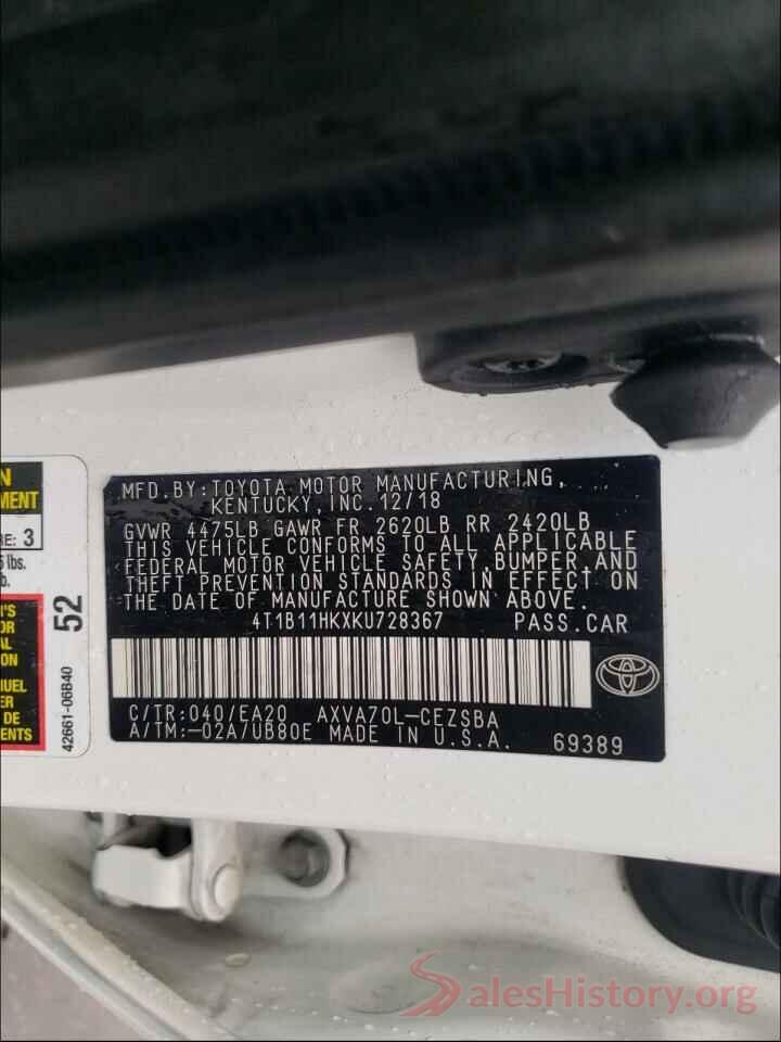 4T1B11HKXKU728367 2019 TOYOTA CAMRY