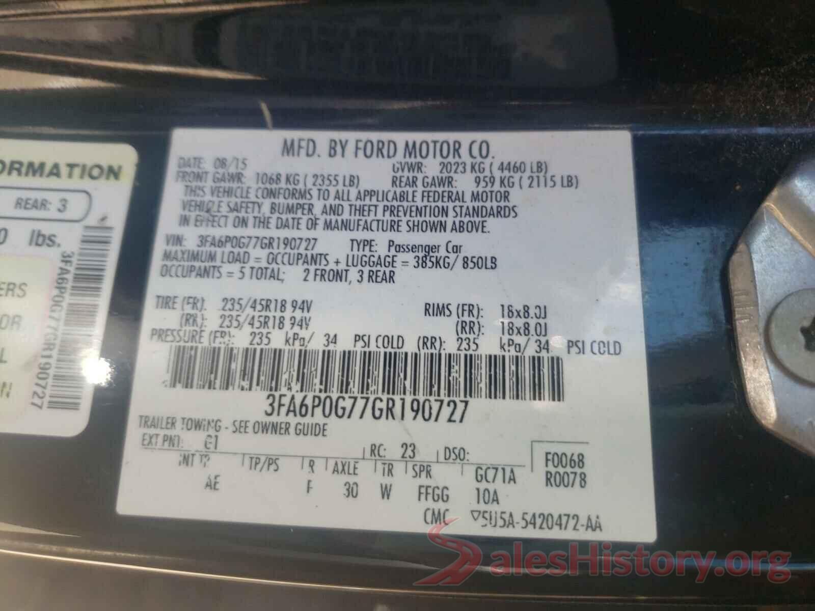 3FA6P0G77GR190727 2016 FORD FUSION