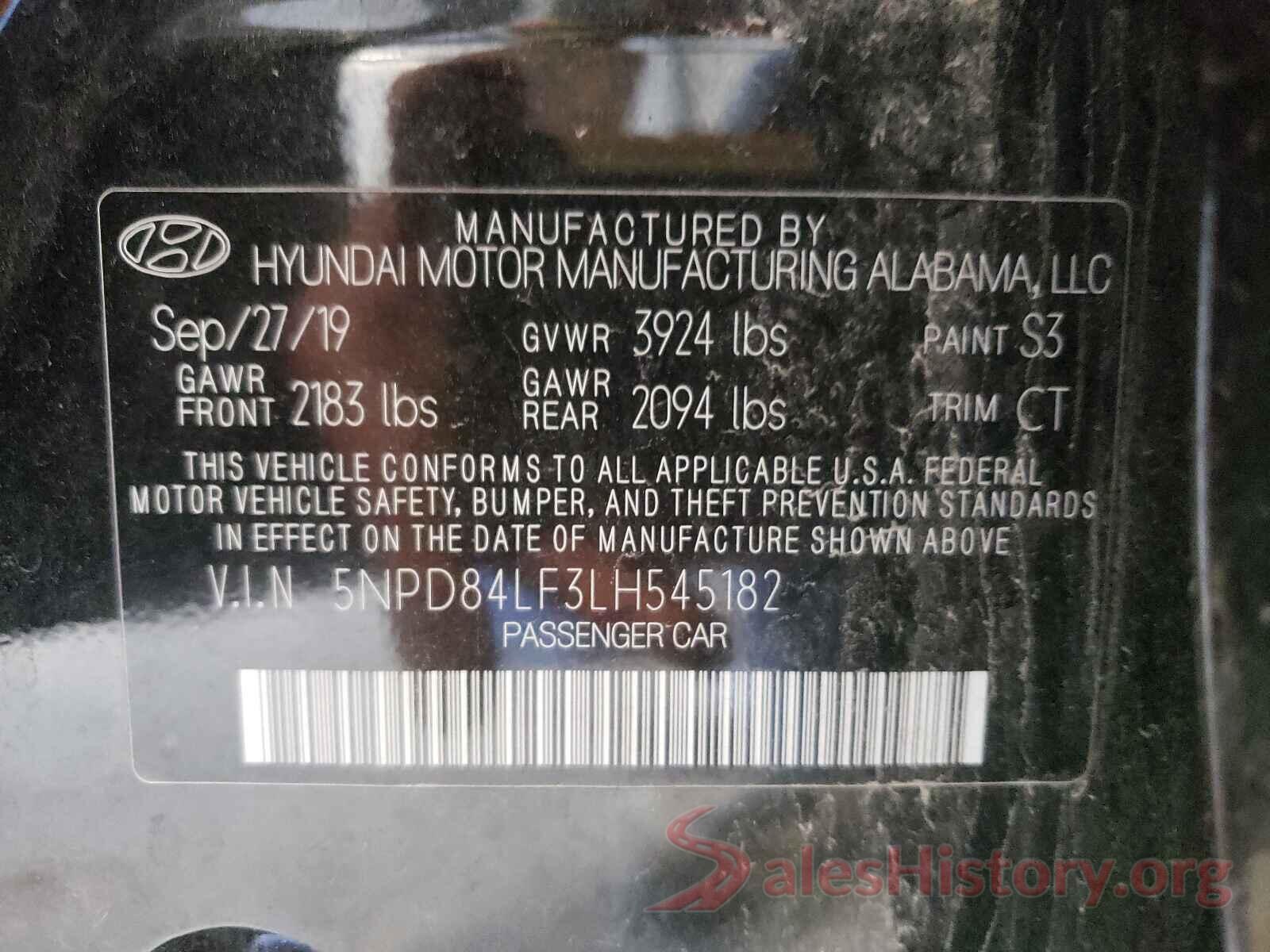 5NPD84LF3LH545182 2020 HYUNDAI ELANTRA