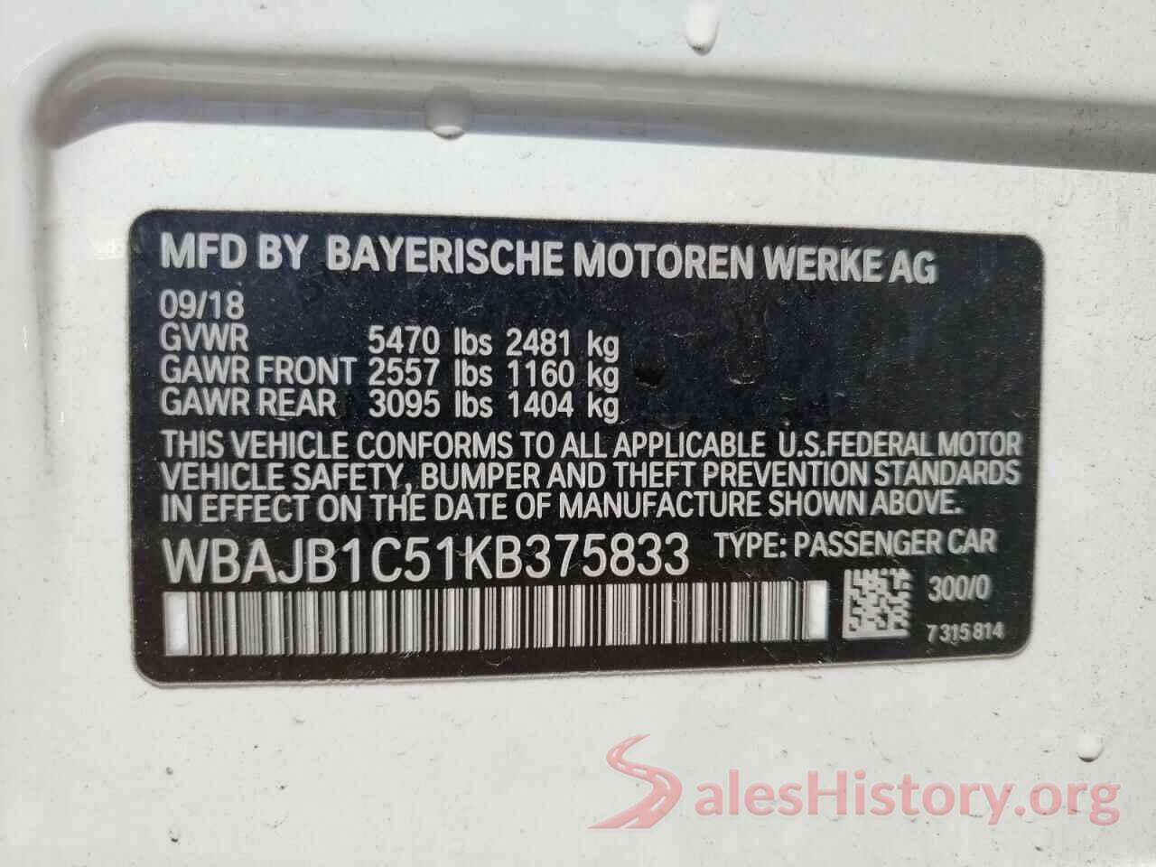 WBAJB1C51KB375833 2019 BMW 5 SERIES