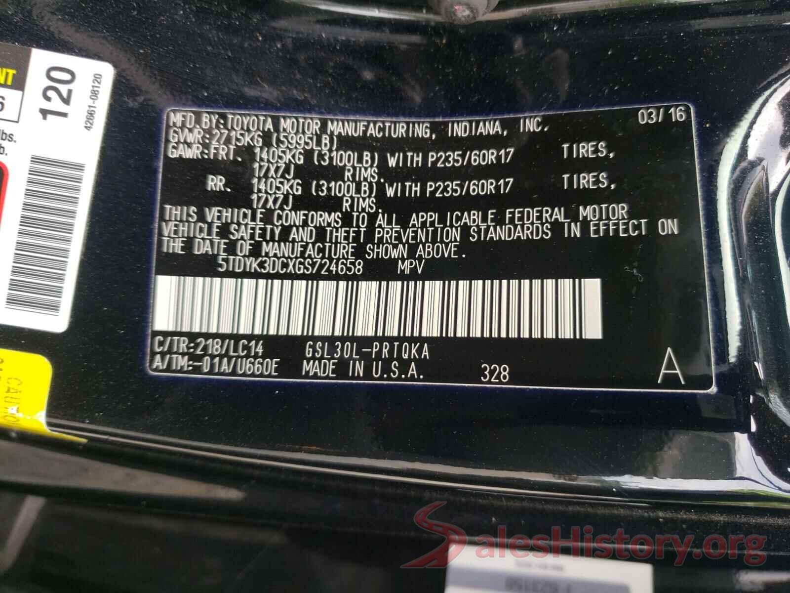 5TDYK3DCXGS724658 2016 TOYOTA SIENNA