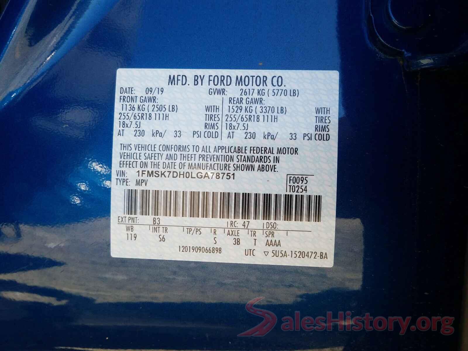 1FMSK7DH0LGA78751 2020 FORD EXPLORER