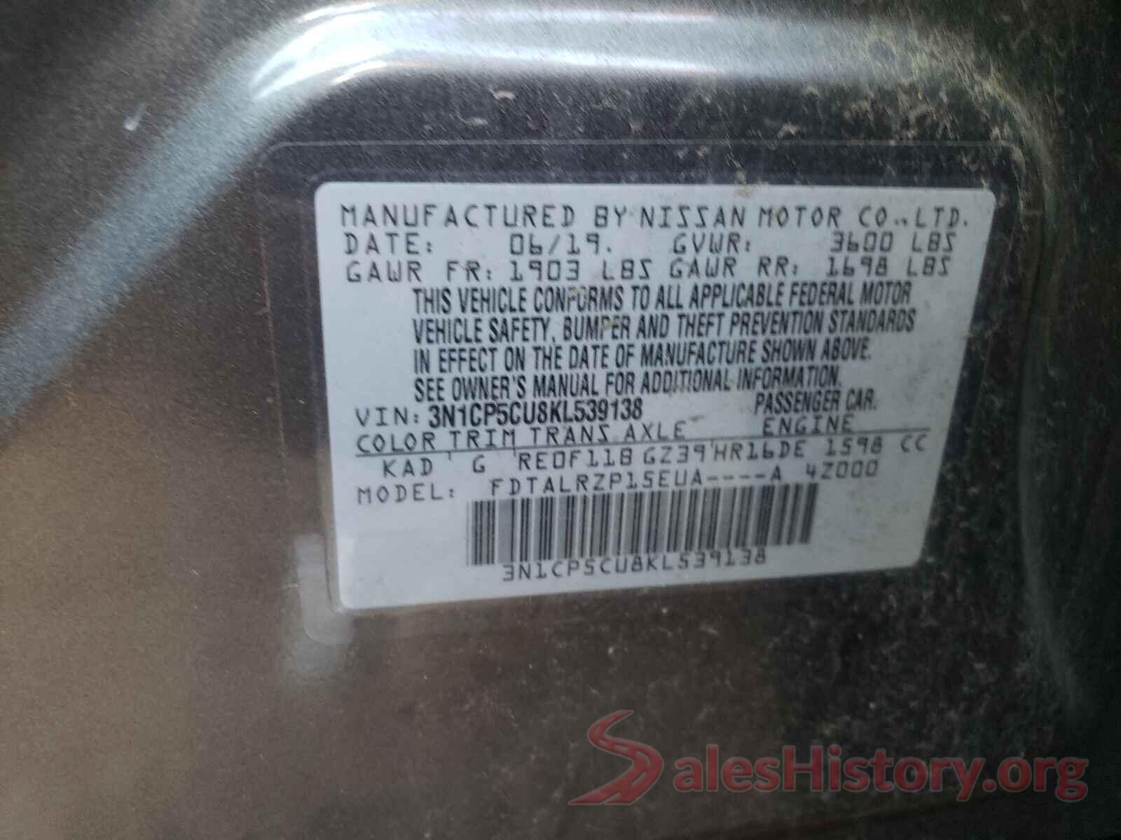 3N1CP5CU8KL539138 2019 NISSAN KICKS